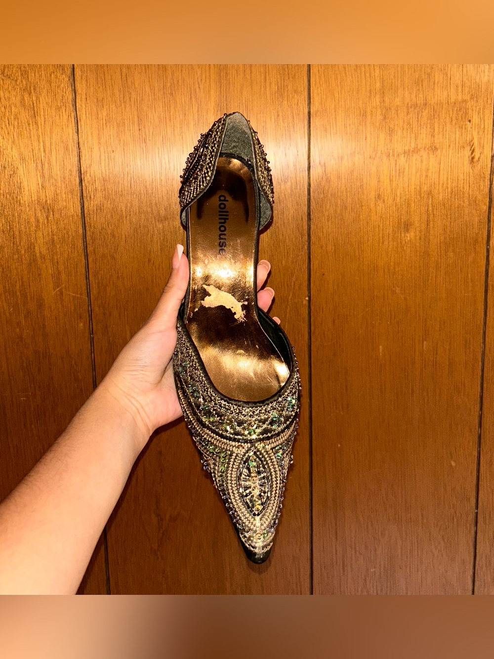 Dollhouse Beaded Pointed Toe kitten heel in Metallic Green and Gold